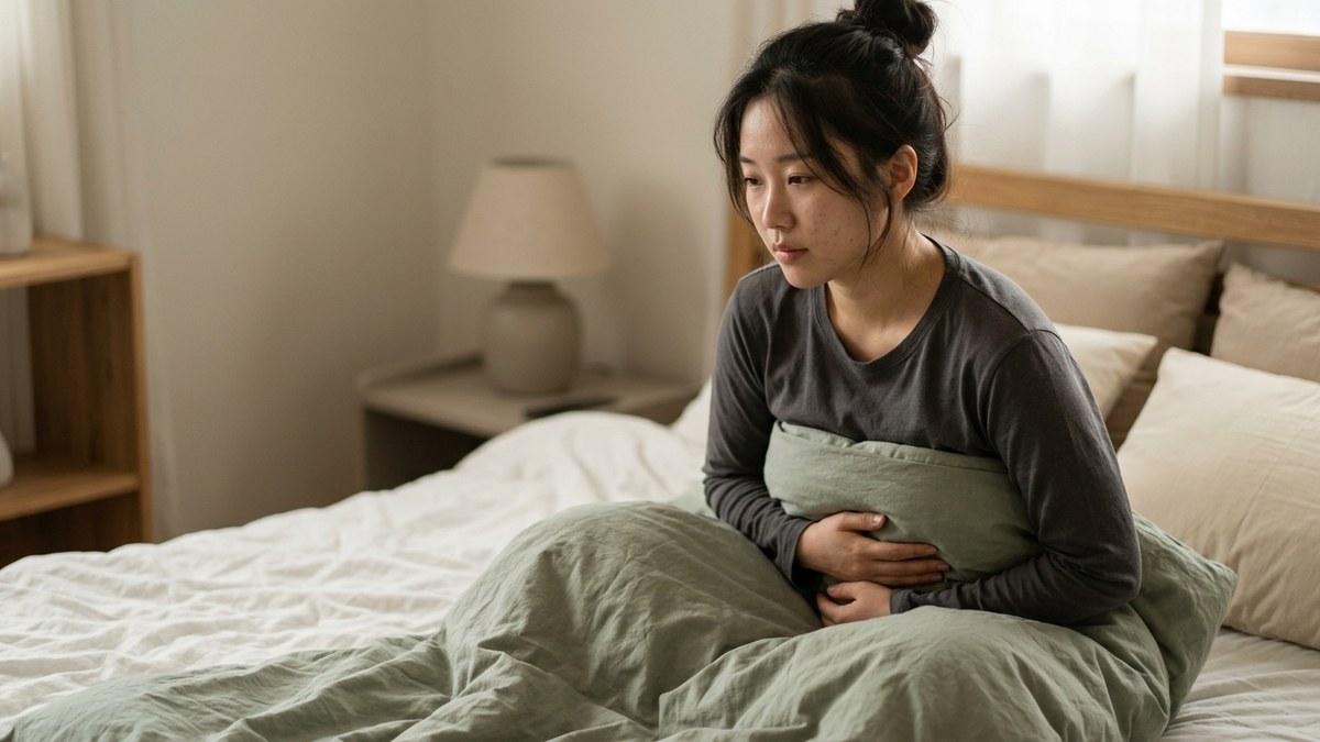 생리통 한약 관련 사진, 이른 아침 침실 침대 위에서 두 손으로 아랫배를 감싸고 몸을 웅크린 채 앉아 있는 20대 여성의 사진